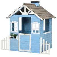 Outsunny Wooden Playhouse for Kids Outdoor with Flower Pot Holders, Door, Windows, Service Stations for 3-7 Years, Blue(m-11)