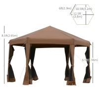 Outsunny 12.5' Pop Up Gazebo Hexagonal Canopy Tent Outdoor Shelter Pavilion Sun Protection with Mesh Sidewalls, Handy Bag, Dark Brown(m-3)