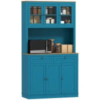 HOMCOM 71" Pantry Cabinet with Microwave Space, Buffet with Hutch, 2 Drawers, Adjustable Shelves and Glass Doors, Navy Blue(m-11)