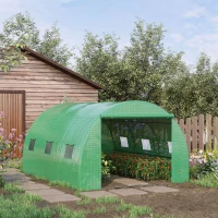Outsunny 13' x 10' x 6.6'  Walk-in Polytunnel Greenhouse, Outdoor Garden Tunnel Greenhouse Tent with Zipped Roll-Up Door and 6 Mesh Windows, Green(m-1)