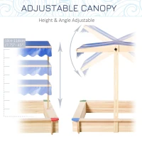 Outsunny Wooden Sandbox w/ Adjustable Canopy, Children Outdoor Playset Weather Resistant 47" L x 47" W x 47" H, Natural & Blue(m-5)