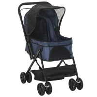 PawHut 4 Wheels Pet Stroller with Reversible Handle, Foldable Cat Dog Travel Carriage with EVA Wheel Brake, 3-stage Canopy, Mesh Window Door, Dark Blue(m-11)