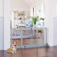 PawHut 72" W x 27.25" H Extra Wide Freestanding Pet Gate with Adjustable Length Dog, Cat, Barrier for House, Doorway, Hallway, Blue-Gray(m-10)