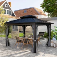 Outsunny 10' x 12' Hardtop Gazebo, Sun Shelter with Double Tier Metal Roof, Mosquito Netting, and Hanging Hook, Light Grey(m-10)