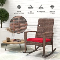 Outsunny Outdoor PE Rattan Rocking Chair, Garden Glider Rocking Chair, Wicker Patio Chair Set with Armrest and Cushion, Wine Red(m-4)