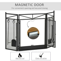 HOMCOM 3-Panel Folding Fireplace Screen with 2 Magnetic Doors and Fire Place Tools Set, Fire Spark Guard for Wood Burning, with Brush, Shovel, Poker, Firewood Tongs, 48" x 0.75", Black(m-6)