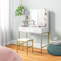 HOMCOM Makeup Vanity Table Set with Lighted Mirror, Stool, Drawers, Shelves, 2 Lighting Modes, Dressing Table, White(m-8)