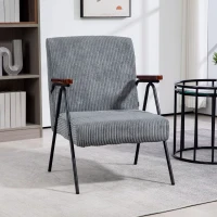 HOMCOM Modern Armchair, Upholstered Corduroy Accent Chair with Wood Arms and Steel Frame for Living Room, Bedroom, Grey(m-8)