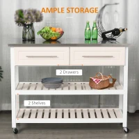 HOMCOM Kitchen Island with Stainless Steel Top, Traditional Kitchen Island with Storage, Butcher Block Cart 2-Tier Open Shelves, Drawers, White(m-5)