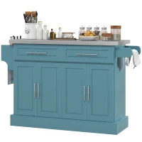 HOMCOM Rolling Kitchen Island with Stainless Steel Top, 2 Drawers, Spice, Knife and Towel Rack and Cabinets, Teal Blue(m-1)