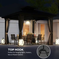Outsunny 10' x 10' Hardtop Gazebo, Sun Shelter with Double Tier Metal Roof, Mosquito Netting, and Hanging Hook, Dark Brown(m-5)