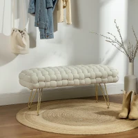 HOMCOM Upholstered Velvet End of Bed Bench 39" Woven End of Bed Bench with Gold Metal Legs for Entryway, Cream White(m-8)