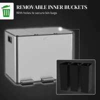 HOMCOM Triple Garbage Bin, Soft-Close Trash Can with Foot Pedal, 3 x 20 Liter Garbage Can with Removable Inner Buckets, Silver(m-7)