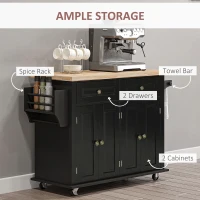 HOMCOM Rolling Kitchen Island with Rubber Wood Top and Storage, Spice Rack, Towel Rack, Black(m-6)