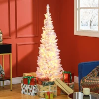 HOMCOM 5ft Pencil Christmas Tree, Slim Artificial Christmas Tree with Snow Flocked Branches and Warm White LED Lights, Pink(m-10)