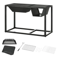 Outsunny 4-in-1 Fire Pit, BBQ Grill, Ice Bucket Cooler, Garden Table, with Cooking Grate, Log Grate & Waterproof Cover, Galvanized Steel Wood-Burning Fireplace with Spark Screen & Poker(m-11)