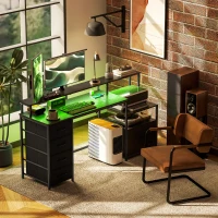 HOMCOM Computer Desk with Power Outlets and LED Lights, 67" Computer Table with File Cabinet and Fabric Drawers, Black(m-10)