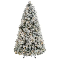 HOMCOM 7.5 ft Prelit Flocked Artificial Christmas Tree with 500 Clear Lights, 1530 Tips, Metal Stand for Home Office Holiday(m-1)
