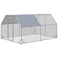 PawHut Chicken Run, Galvanized Large Metal Chicken Coop Cage, Walk-in Enclosure Poultry Hen Run House Playpen Rabbit Hutch with Flat Roof, Cover, 9.2' x 12.5' x 6.5', Silver(m-11)