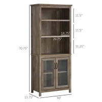 HOMCOM 71" Bookcase Storage Hutch Cabinet with Adjustable Shelves and Glass Doors for Home Office, Kitchen, Living Room, Natural Wood(m-3)