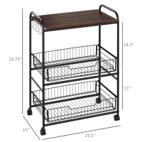 HOMCOM 3 Tier Rolling Kitchen Cart with Storage, Kitchen Island Cart on Wheels with 2 Sliding Fruit Basket, Microwave Cart with Side Hooks for Dining Room, Walnut(m-3)