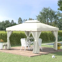 Outsunny 13' x 10' Outdoor Patio Gazebo Canopy with 2-Tier Polyester Roof, Vented Mesh Sidewall & Strong Aluminum Frame, Cream White(m-1)