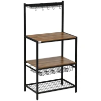 HOMCOM Industrial Multifunctional Kitchen Bakers Rack, Microwave Stand, Coffee Bar Station with Storage Shelves, Wire Basket, 5 Hanging Hooks, Walnut(m-11)