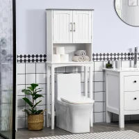 kleankin Modern Over The Toilet Storage Cabinet, Double Door Over Toilet Bathroom Organizer with Adjustable Shelf and Open Shelf, Gray(m-2)