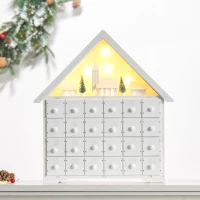 HOMCOM Christmas Advent Calendar, 2022 Light Up Table Xmas Wooden House Holiday Decoration with Countdown Drawer, Village, for kids Adults, White(m-8)