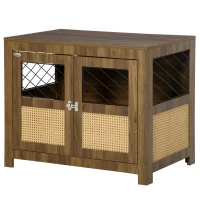 PawHut Dog Crate Furniture with Soft Cushion, Dog Crate End Table with Rattan Decoration, Small to Medium Sized Dog Kennel Furniture Indoors with Large Entrance, Walnut(m-11)