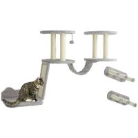 PawHut 3PCs Cat Wall Shelves w/ Scratching Post, Perches, Steps, Ladder, Light Grey(m-11)