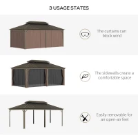 Outsunny 12' x 20' Hardtop Gazebo with Curtains and Netting, Permanent Pavilion Metal Double Roof Gazebo Canopy with Aluminum Frame and Hooks, for Garden, Patio, Backyard, Brown(m-8)