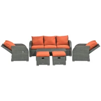 Outsunny Patio Furniture with Cushions, 6 Pieces PE Wicker Patio Sectional Furniture Conversation Set w/ a Three-Seat Sofa, 2 Recliner Chairs, 2 Footstools & Table, Orange(m-2)