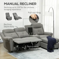 HOMCOM L-Shaped Sofa, Manual Reclining Sectional with Chaise Ottoman, Storage Console, Cup Holders, USB Charging, Gray(m-6)