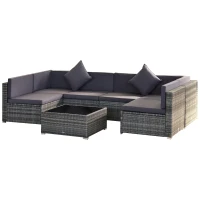 Outsunny 7-Piece Patio Furniture Set, Outdoor Wicker Conversation Set, All Weather PE Rattan Sectional Sofa Set with Cushions and Tempered Glass Top Coffee Table, Pillows, Gray(m-11)
