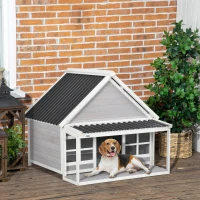 PawHut Wooden Dog House with Porch, Dog House Outdoor with Tilt Roof, Front Door, Windows for Medium Large Sized Dog(m-10)