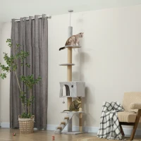 PawHut 89"-100" Floor to Ceiling Cat Tree w/ Scratching Post, Cat House, 3-Steps, Hanging Ball, Perches, Light Grey(m-8)
