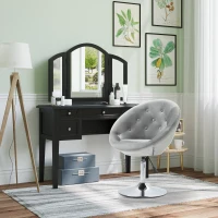 HOMCOM Modern Makeup Vanity Chair Round Tufted Swivel Accent Chair with Chrome Frame Height Adjustable for Living Room, Bedroom Gray(m-10)