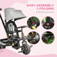Qaba Kids Tricycle, 4 in 1 Foldable Trike with Reversible Seat, Adjustable Parent Handle, Safety Harness, Wheel Brakes, Removable Canopy, Storage, Tricycle for Toddlers 1-5 Years, Gray(m-8)