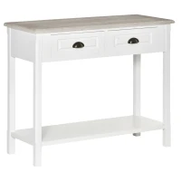 HOMCOM Console Table with 2 Storage Drawers and Open Shelf, Vintage Distressed Sofa Table for Hallway, Living Room, or Bedroom, White(m-1)