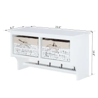 HomCom Rustic Country Floating Storage Shelf With Coat Hooks And 2 Removable Baskets - White(m-3)