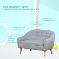 Qaba 2-Seat Linen Fabric and Wooden Frame Sofa Couch for Kids and Toddlers Ages 3-7, 11" High Seat, Grey(m-6)