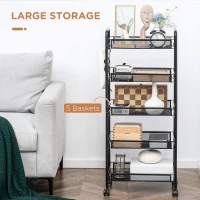 HOMCOM 5 Tier Utility Rolling Cart, Metal Storage Cart, Kitchen Cart with Removable Mesh Baskets, for Living Room, Laundry, Garage and Bathroom, Black(m-4)