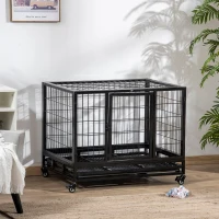 PawHut Heavy Duty Dog Crate Cage for Medium Small Dogs Cats with Two Doors, Lockable Wheels, Removable Tray, 36" x 24" x 27"(m-8)