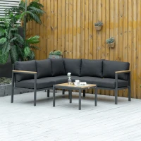 Outsunny 4 Piece Patio Furniture Set, Outdoor L-Shaped Sectional Sofa with 2 Loveseats, 1 Couch Corner, Outside Conversation Set with Dining Table, Cushions, Gray(m-10)
