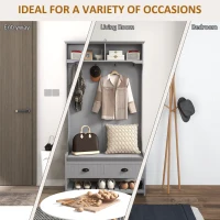 HOMCOM Coat Rack Shoe Bench, Hall Tree with Bench and Shoe Storage, Entryway Bench with 4 Hooks, 2 Drawers, 2 Shelves, Grey(m-6)