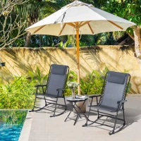 Outsunny 3pc Patio Rocking Chair Set, Folding Outdoor Rocking Chairs and Table Bistro Set w/ Breathable Mesh Seat & Backrest, Headrest for Park, Backyard, Garden, Grey(m-8)