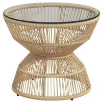 Outsunny Rattan Outdoor Coffee Table, Patio End Table with Tempered Glass Tabletop & Steel Frame, Wicker Furniture, Nature Wood(m-2)