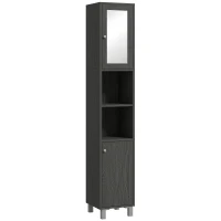 kleankin Tall Bathroom Cabinet w/ Mirror, Narrow Bathroom Storage Cabinet, Slim Linen Tower w/ Doors & Adjustable Shelves, Gray(m-11)