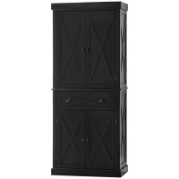 HOMCOM 72" Kitchen Pantry Storage Cabinet, Traditional Freestanding Cupboard with 4 Doors and 2 Adjustable Shelves, Large Central Drawer, X-Frame, Black(m-11)